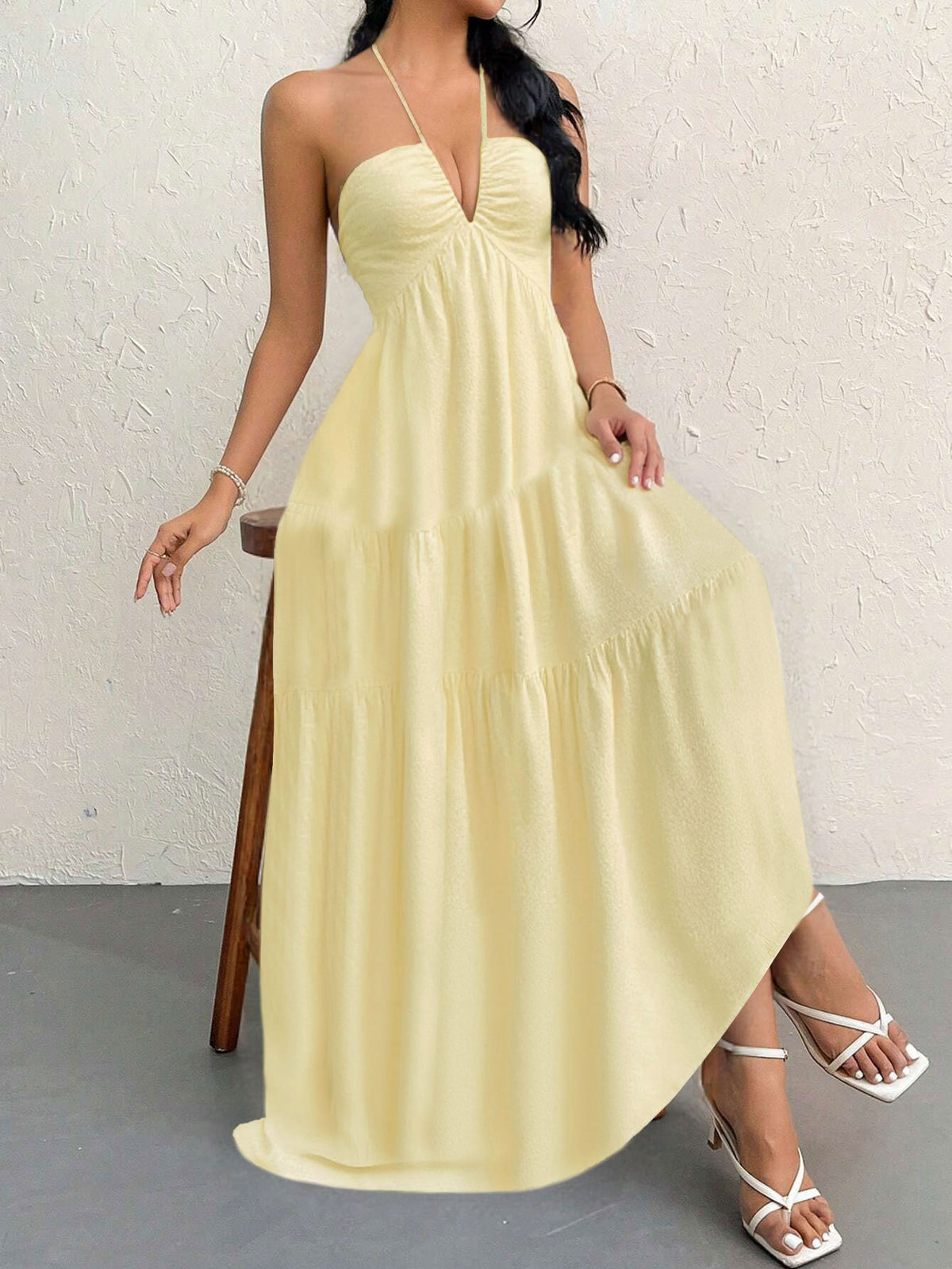 Apricot M Size Women's Elegant Halter Maxi Dress Summer Backless V-Neck Sleeveless Long Beach Resort Gown