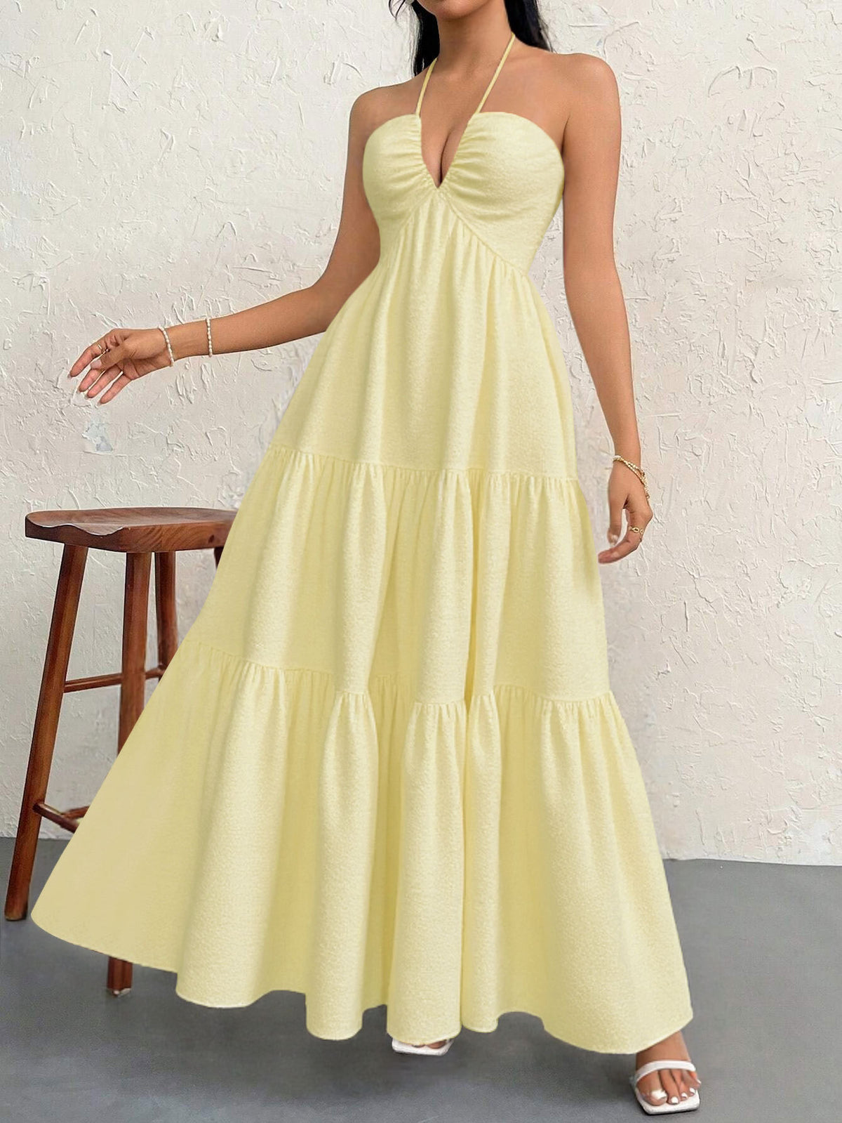Apricot M Size Women's Elegant Halter Maxi Dress Summer Backless V-Neck Sleeveless Long Beach Resort Gown
