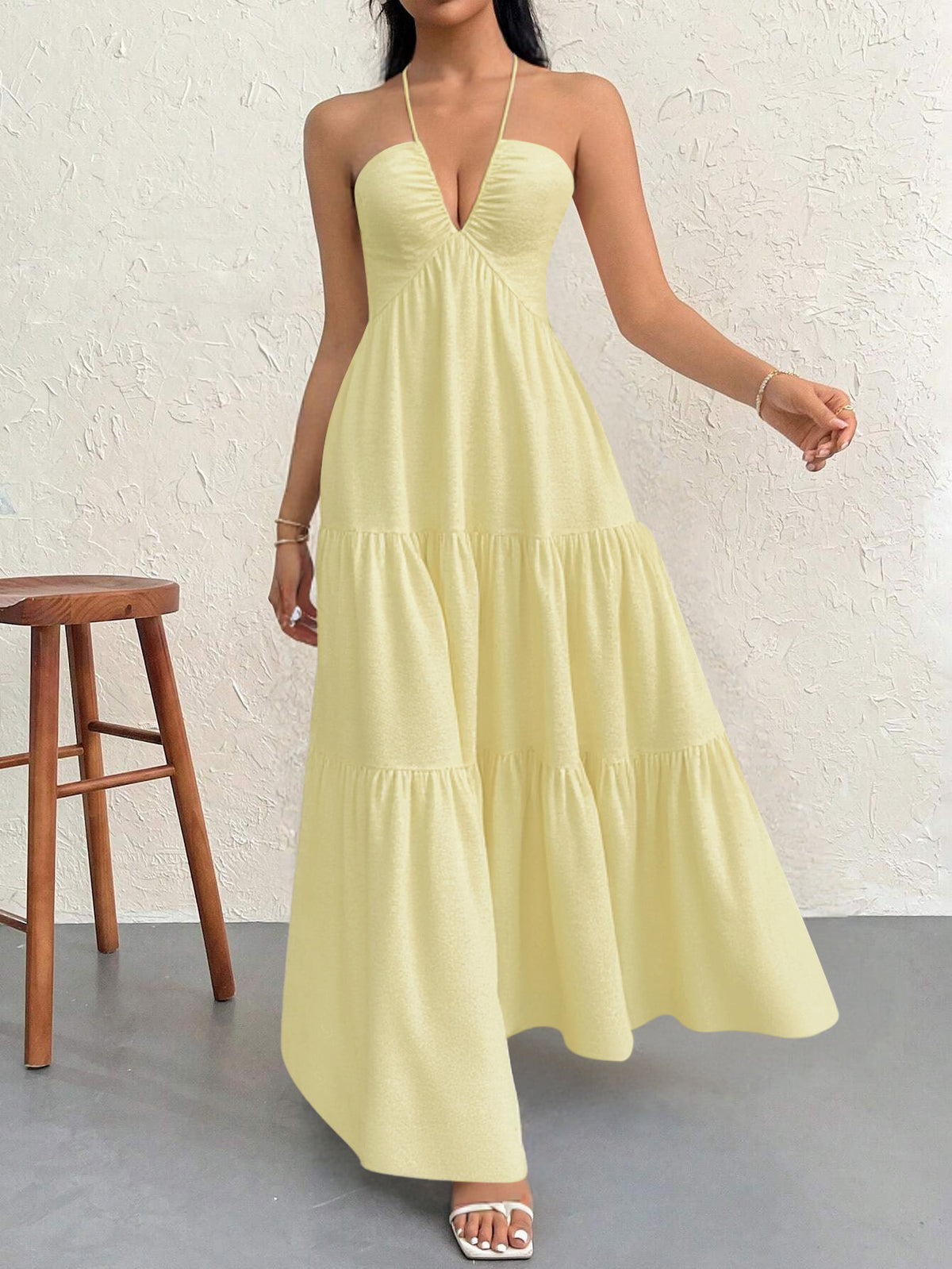 Apricot XL Size Women's Elegant Halter Maxi Dress Summer Backless V-Neck Sleeveless Long Beach Resort Gown
