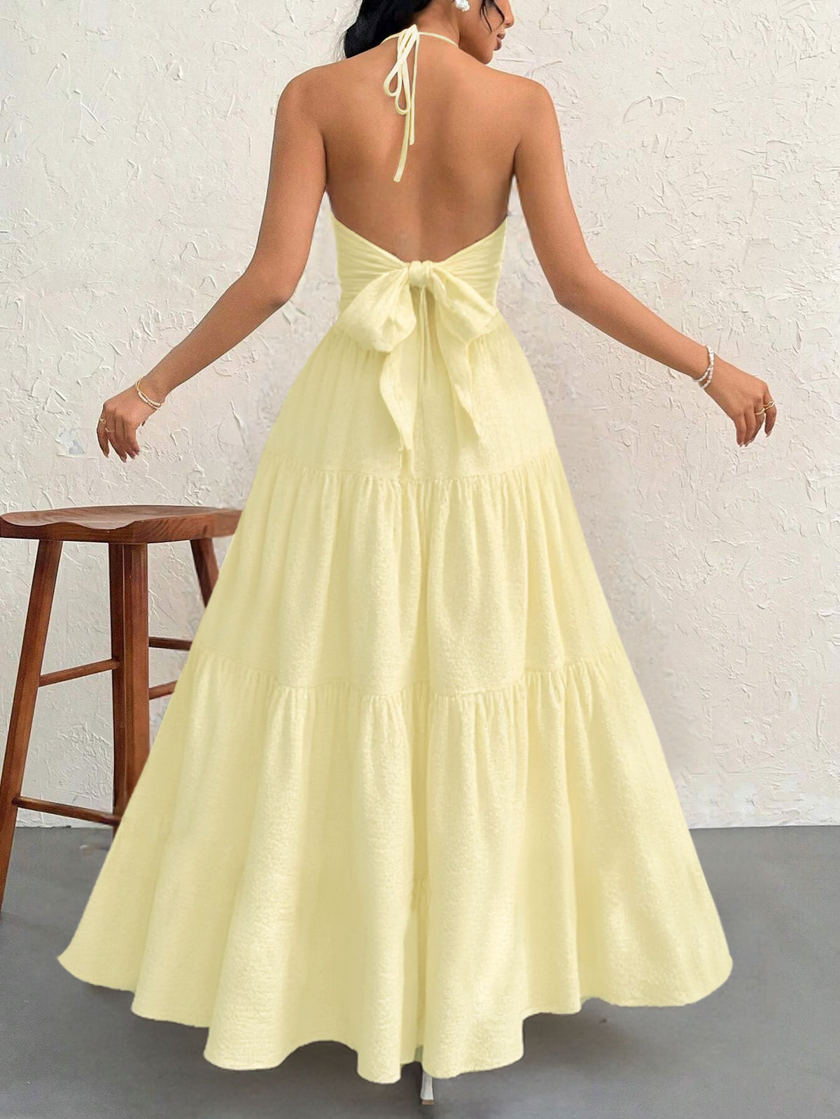 Apricot XL Size Women's Elegant Halter Maxi Dress Summer Backless V-Neck Sleeveless Long Beach Resort Gown