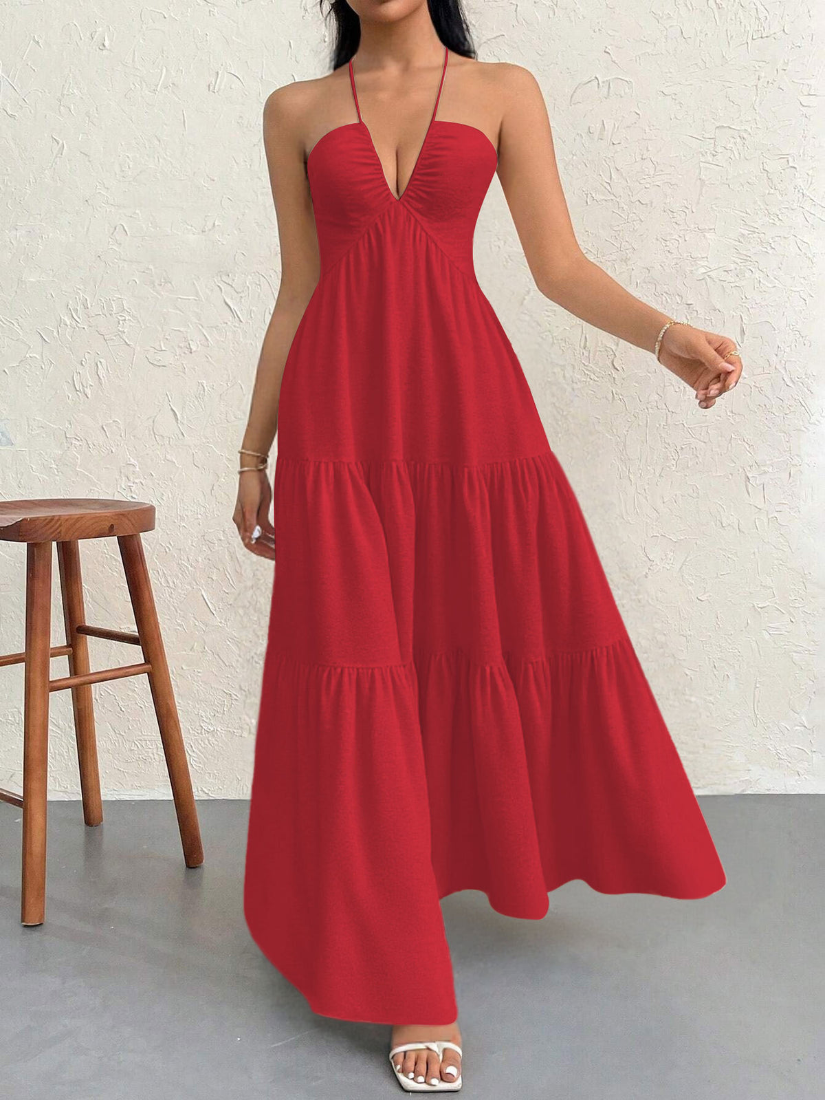 Red S Size Women's Elegant Halter Maxi Dress Summer Backless V-Neck Sleeveless Long Beach Resort Gown