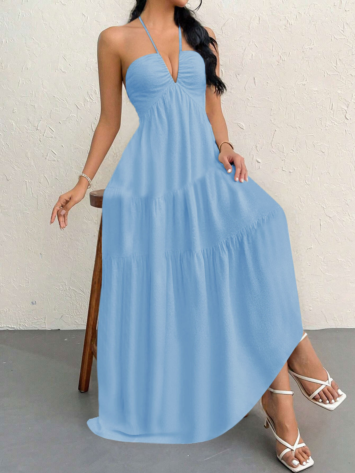 Blue M Size Women's Elegant Halter Maxi Dress Summer Backless V-Neck Sleeveless Long Beach Resort Gown