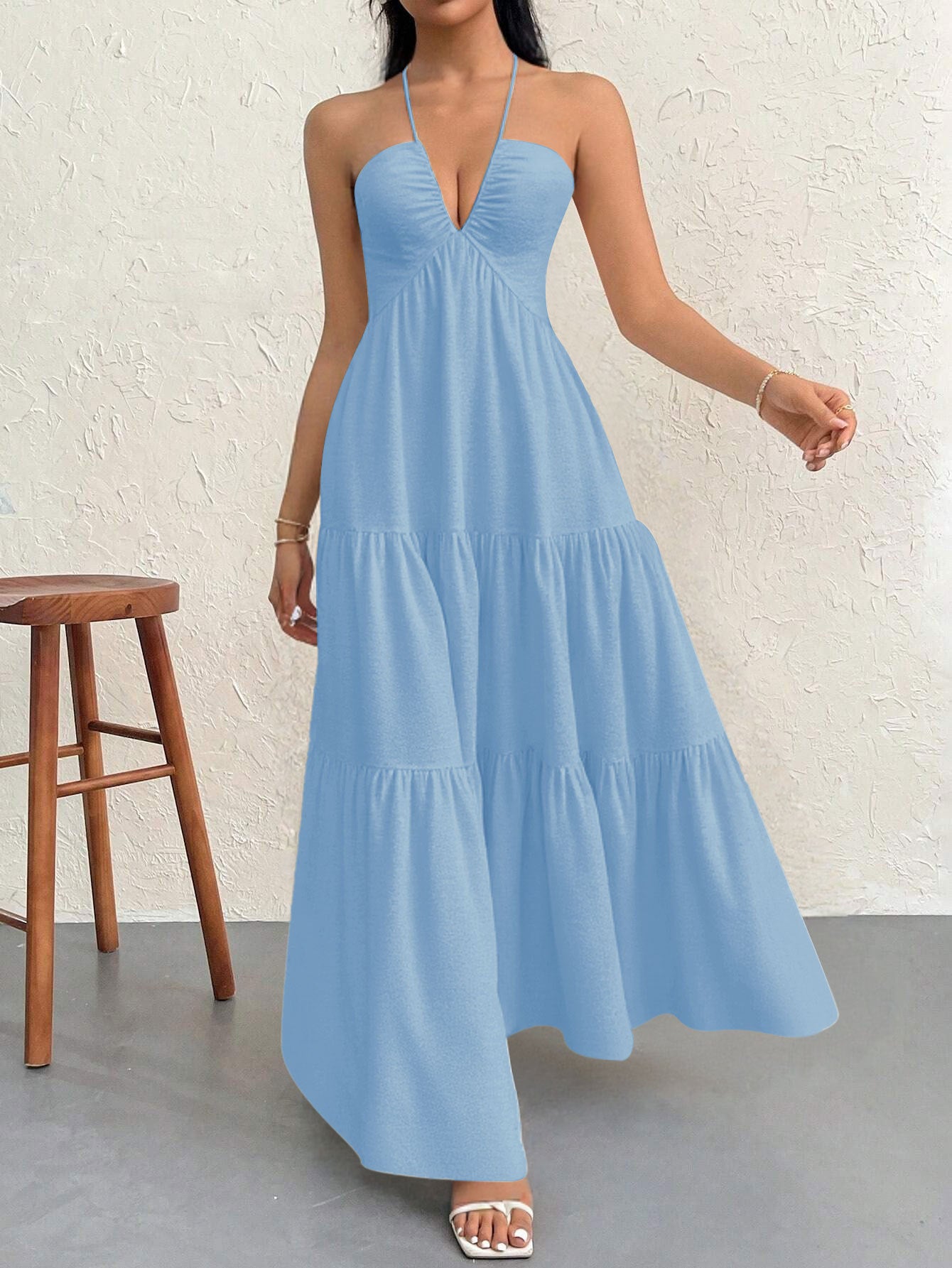 Blue L Size Women's Elegant Halter Maxi Dress Summer Backless V-Neck Sleeveless Long Beach Resort Gown