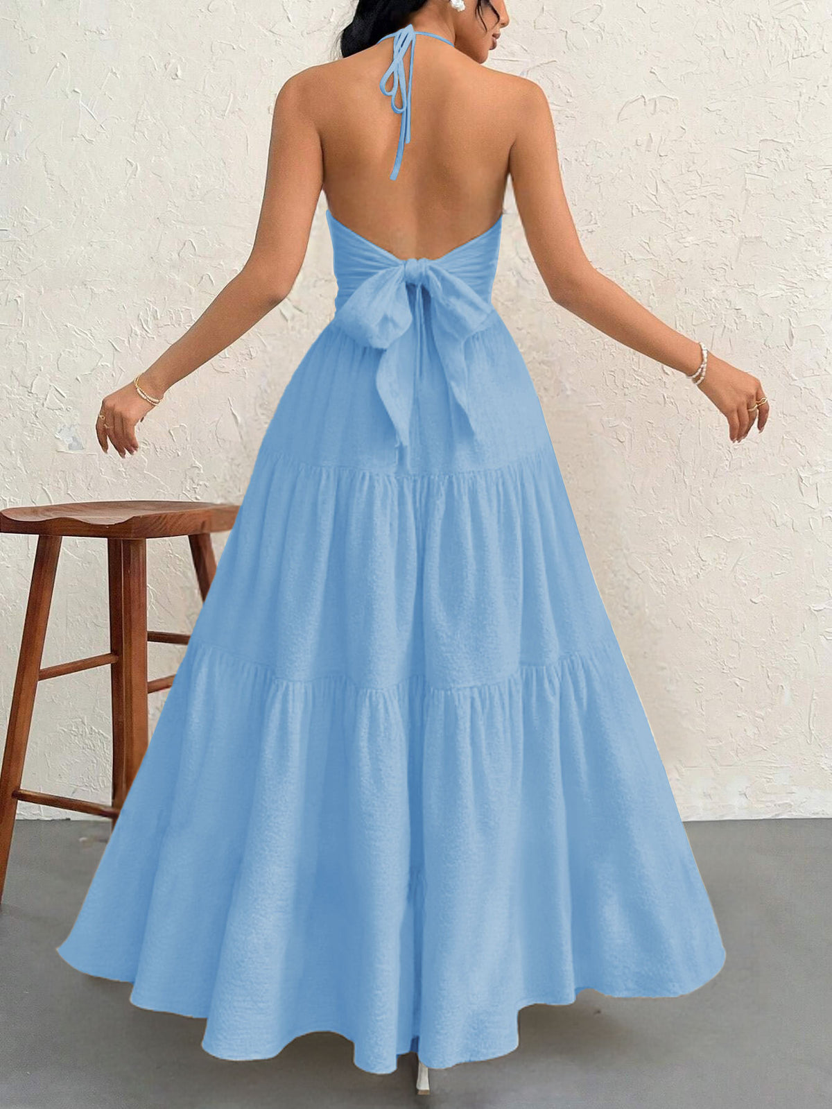 Blue L Size Women's Elegant Halter Maxi Dress Summer Backless V-Neck Sleeveless Long Beach Resort Gown