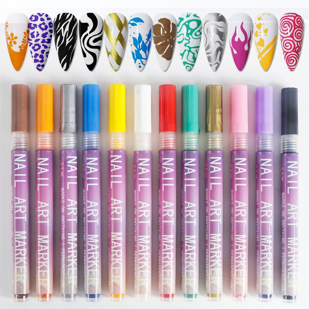 12 Piece Nail Art Graffiti Pen Set Acrylic Fine Tip Paint Markers for DIY Manicure &amp; Salon Designs Waterproof Quick Dry