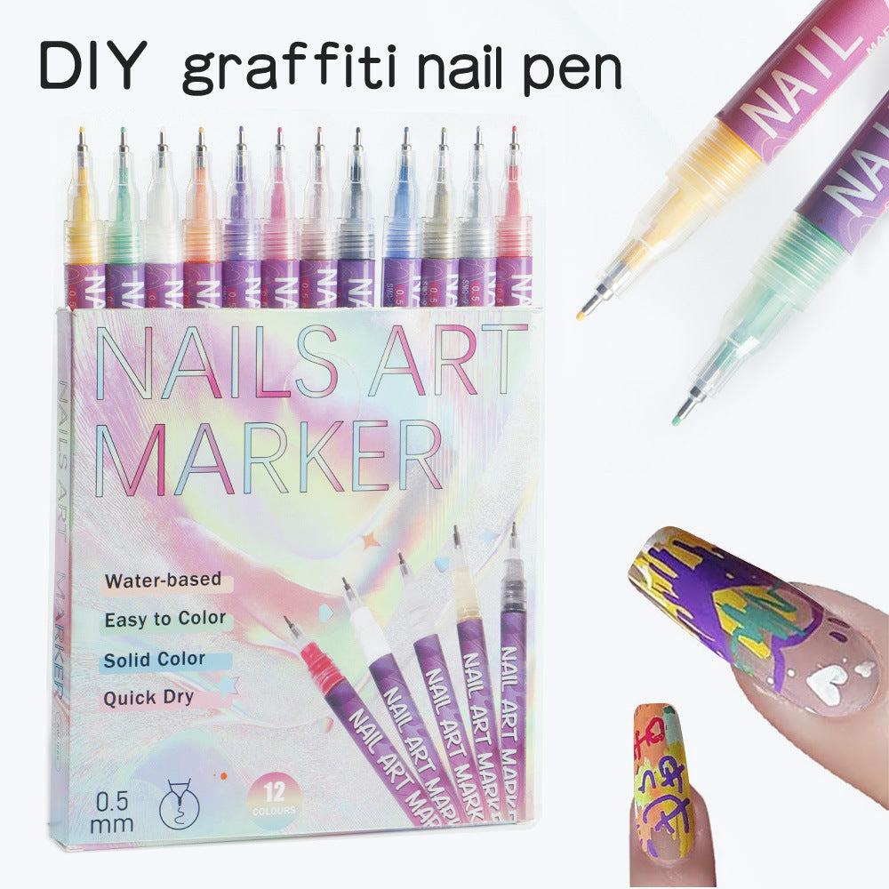 12 Piece Nail Art Graffiti Pen Set Acrylic Fine Tip Paint Markers for DIY Manicure & Salon Designs Waterproof Quick Dry