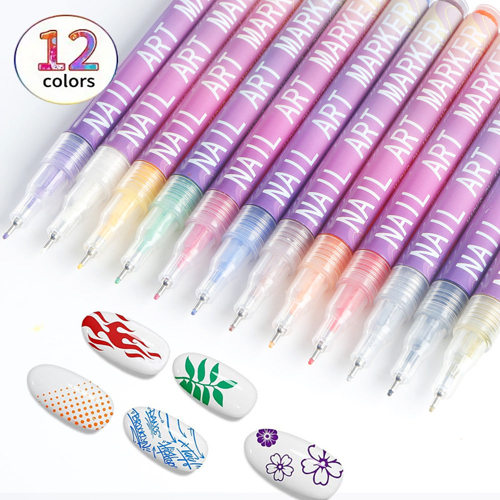 12 Piece Nail Art Graffiti Pen Set Acrylic Fine Tip Paint Markers for DIY Manicure & Salon Designs Waterproof Quick Dry