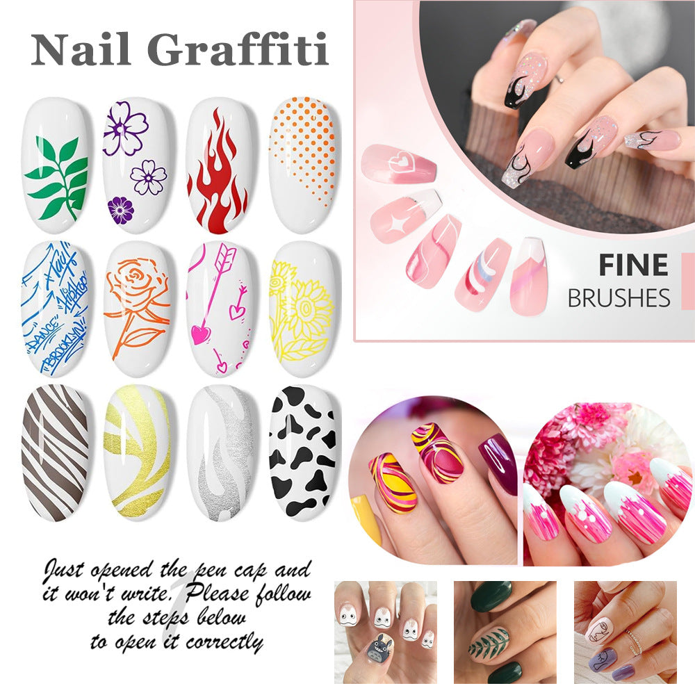 12 Piece Nail Art Graffiti Pen Set Acrylic Fine Tip Paint Markers for DIY Manicure & Salon Designs Waterproof Quick Dry