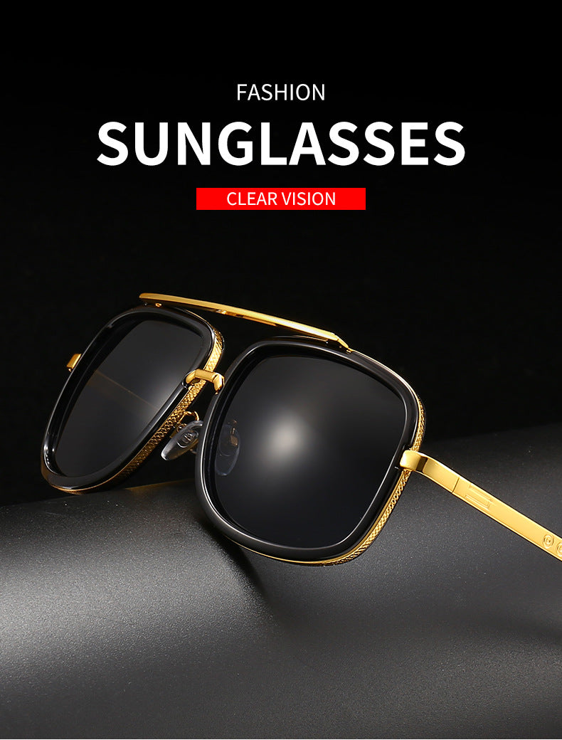 Men's Retro Oversized Square Sunglasses Vintage Thick Frame Gold Flat Top Aviator Style Shades UV400 Tea