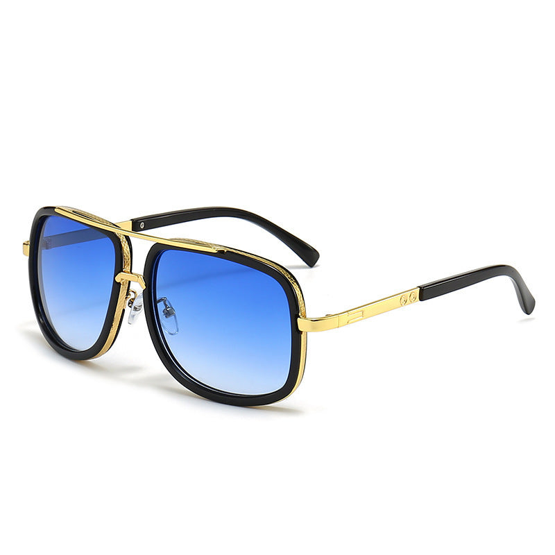 Men's Retro Oversized Square Sunglasses Vintage Thick Frame Gold Flat Top Aviator Style Shades UV400 Blue