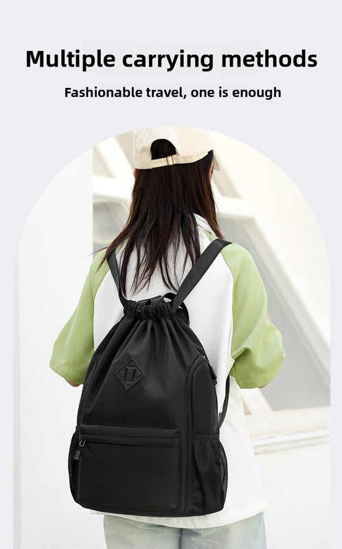 Large Drawstring Backpack Waterproof Gym Bag Lightweight Sports Sackpack with Zipper Pockets for Travel and Swimming Black