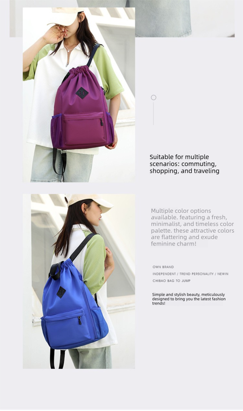 Large Drawstring Backpack Waterproof Gym Bag Lightweight Sports Sackpack with Zipper Pockets for Travel and Swimming Black