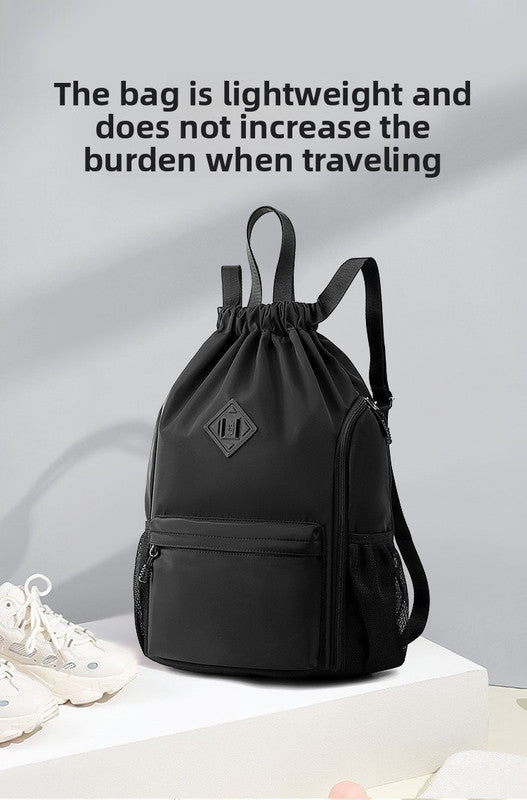 Large Drawstring Backpack Waterproof Gym Bag Lightweight Sports Sackpack with Zipper Pockets for Travel and Swimming Black