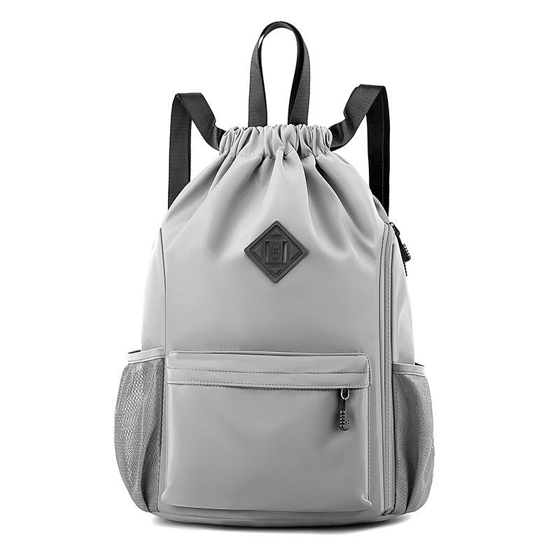 Large Drawstring Backpack Waterproof Gym Bag Lightweight Sports Sackpack with Zipper Pockets for Travel and Swimming Gray