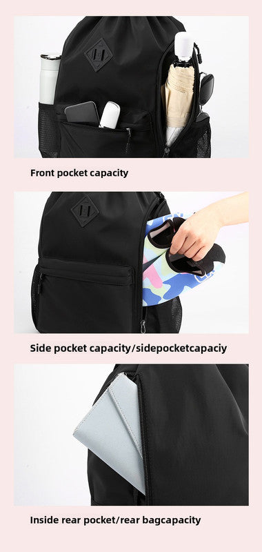 Large Drawstring Backpack Waterproof Gym Bag Lightweight Sports Sackpack with Zipper Pockets for Travel and Swimming Gray