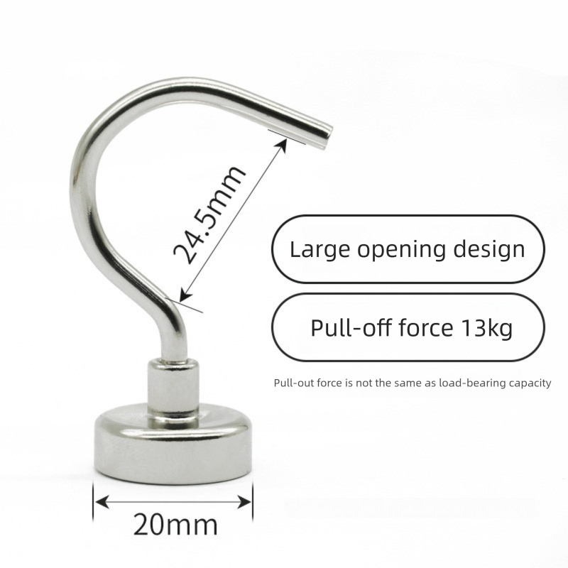 Neodymium Magnetic Hooks 20mm Base Large Open Mouth Hanger Heavy Duty Magnet for Fridge Kitchen BBQ Grill Utensils and Keys Silver
