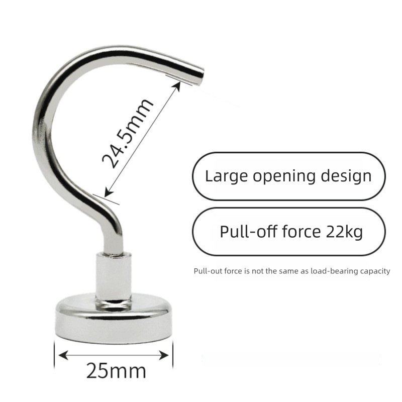 Neodymium Magnetic Hooks 25mm Base Large Open Mouth Hanger Heavy Duty Magnet for Fridge Kitchen BBQ Grill Utensils and Keys Silver