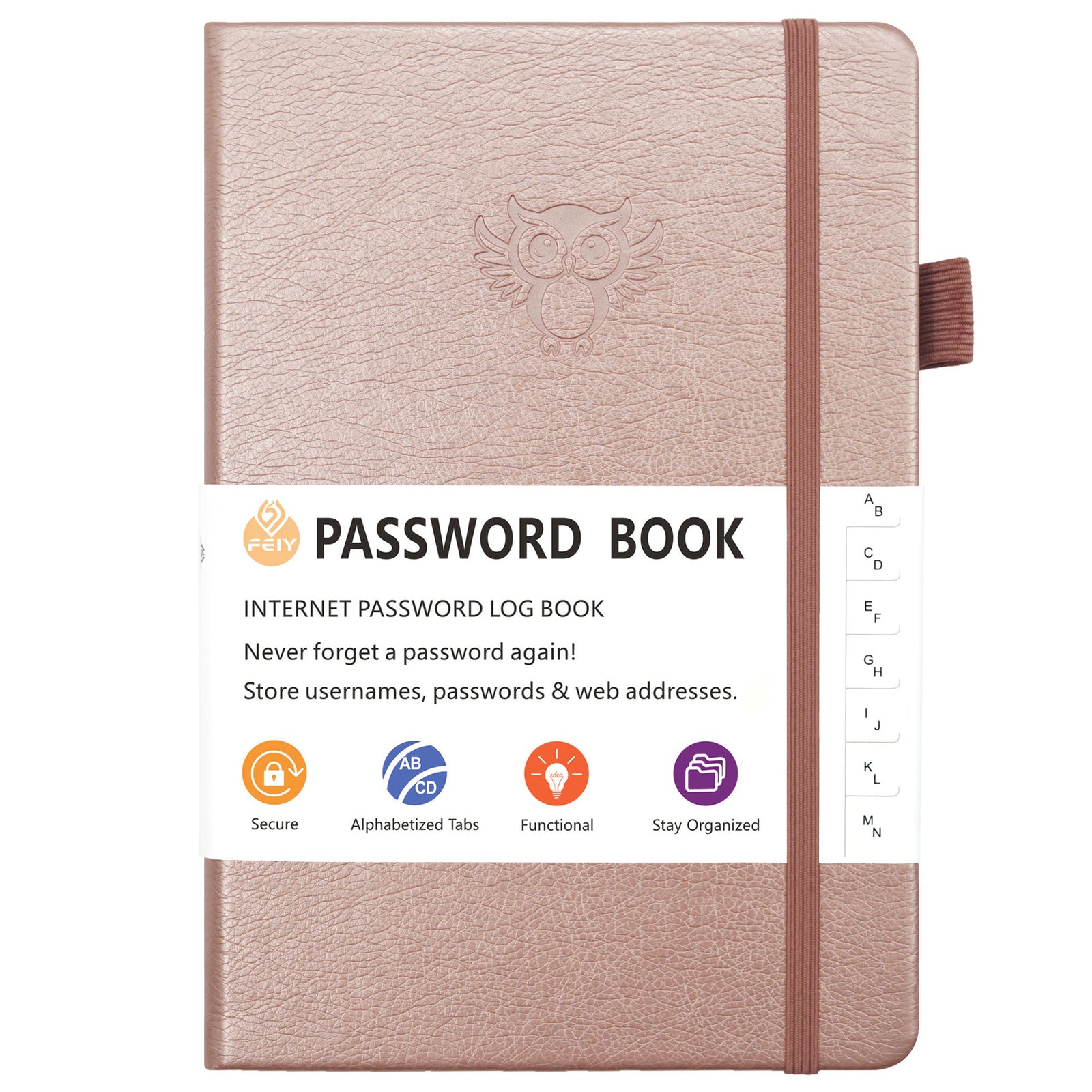 Rose Gold Password Log Book with Alphabetical Tabs Internet Address Organizer Small PU Leather Notebook with Owl Design Pen Holder and Inner Pocket Ideal for Home and Office