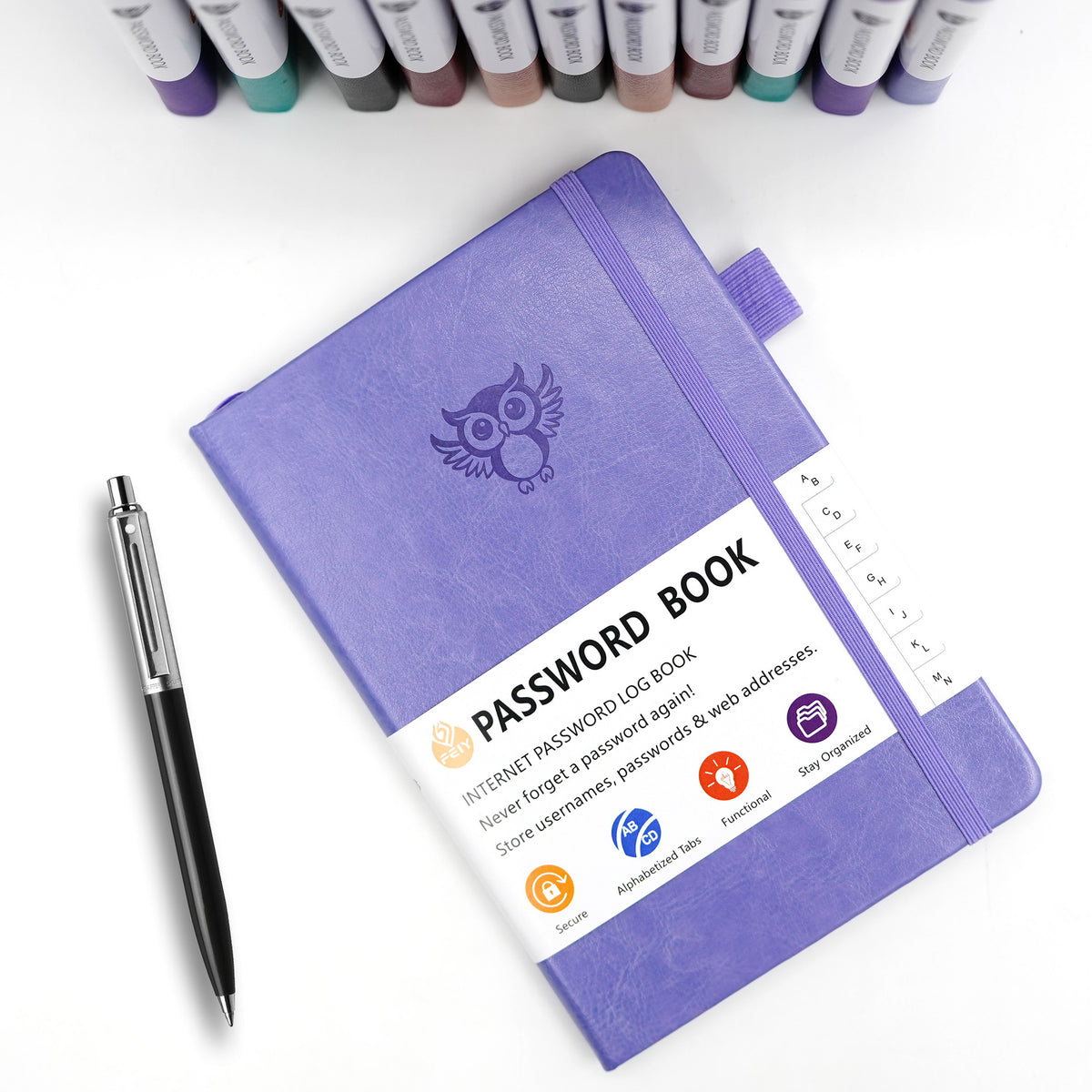 Burgundy Password Log Book with Alphabetical Tabs Internet Address Organizer Small PU Leather Notebook with Owl Design Pen Holder and Inner Pocket Ideal for Home and Office