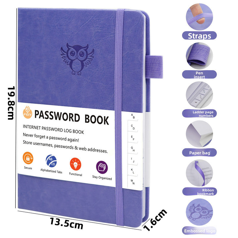Deep purple Password Log Book with Alphabetical Tabs Internet Address Organizer Small PU Leather Notebook with Owl Design Pen Holder and Inner Pocket Ideal for Home and Office