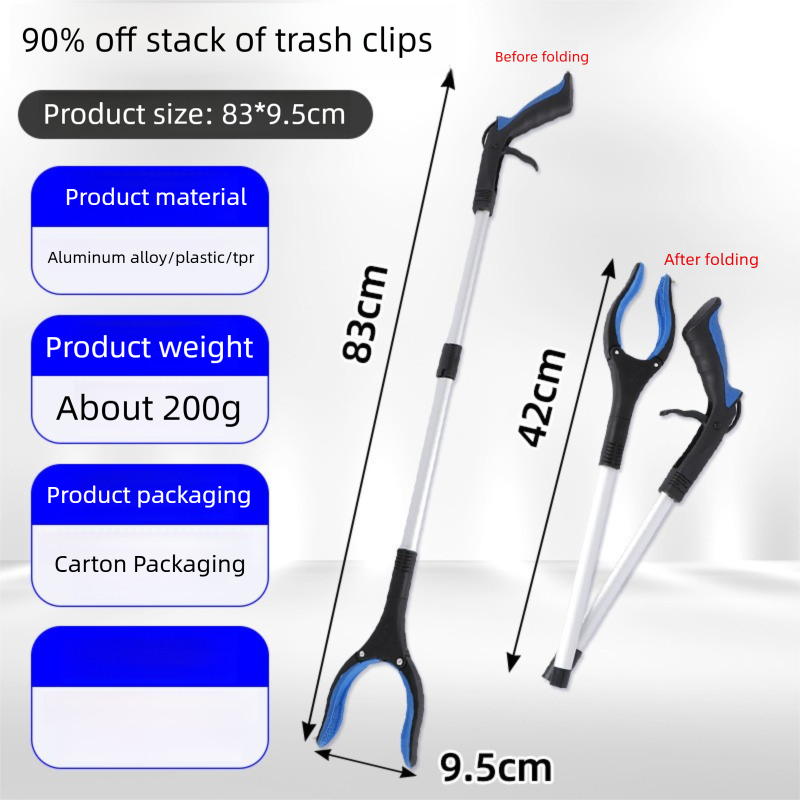 Blue and Black Handle Foldable Grabber Reacher Tool - 83cm Aluminium Litter Picker with Magnetic Tip - Lightweight Mobility Aid for Garden &amp; Home Rubbish Cleanup