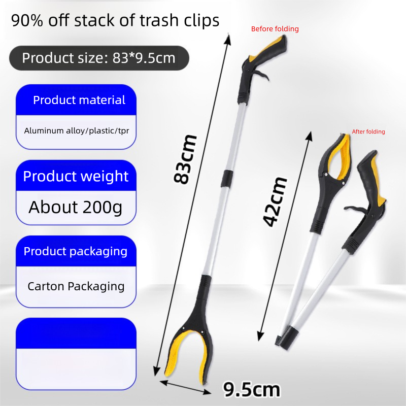 Yellow and Black Handle Foldable Grabber Reacher Tool - 83cm Aluminium Litter Picker with Magnetic Tip - Lightweight Mobility Aid for Garden &amp; Home Rubbish Cleanup