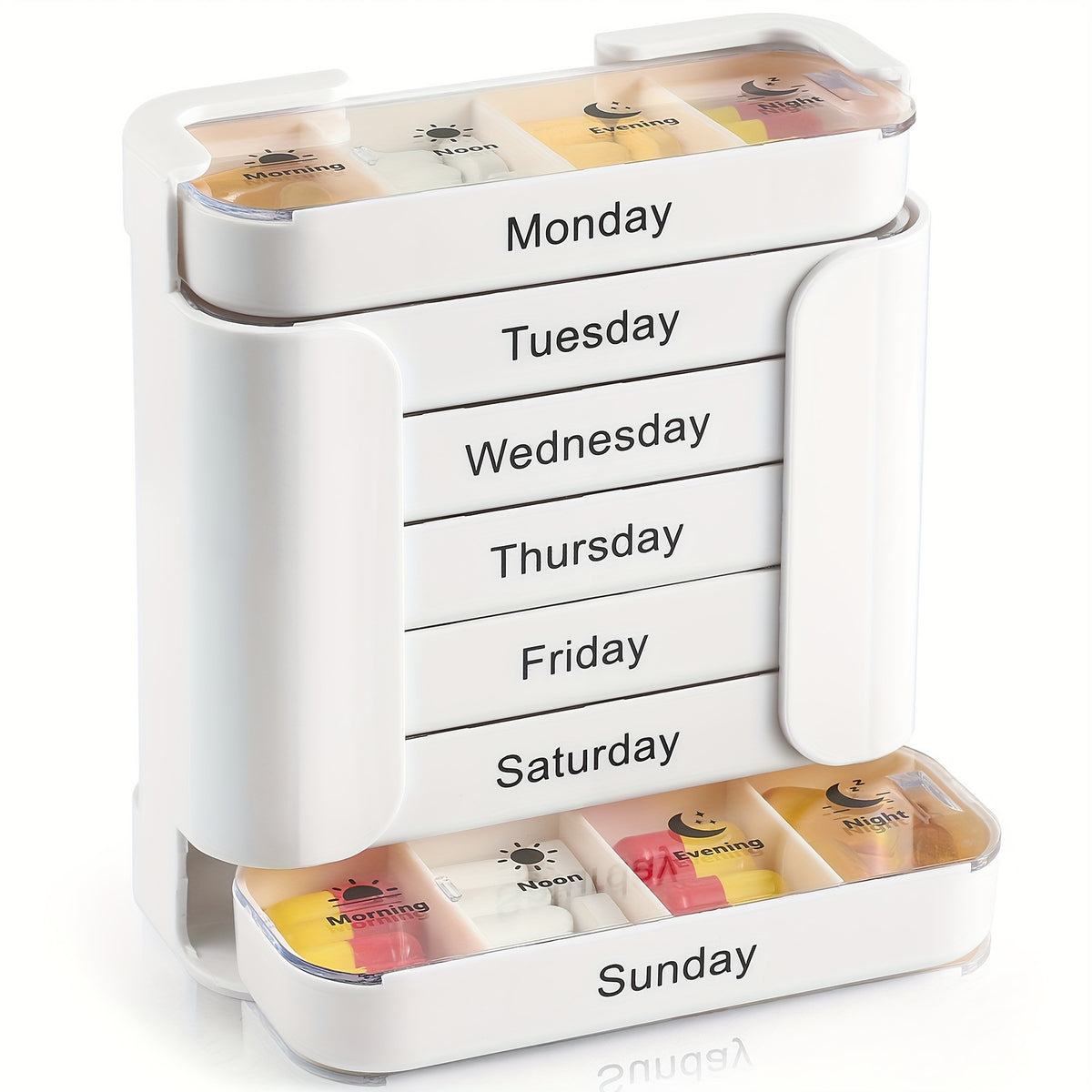 Weekly Pill Organiser White Tower - 7 Day Medicine Storage Box with 4 Daily Compartments (Morning, Noon, Evening, Night) - Portable Slide-Out Trays for Vitamins &amp; Supplements