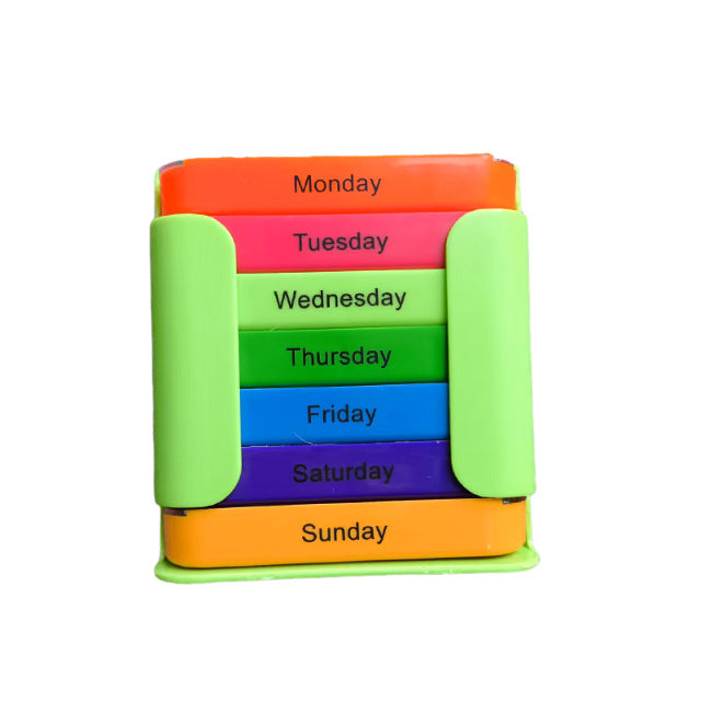 7 Day Weekly Pill Organiser Box - Rainbow Colour Coded Medicine Storage with 4 Daily Compartments - Portable Green Casing Dispenser for Home &amp; Travel