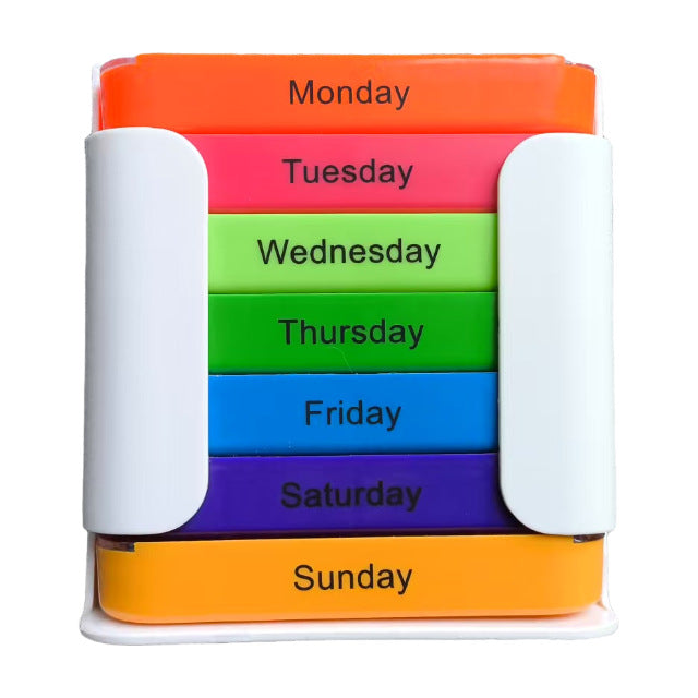 7 Day Weekly Pill Organiser Box - Rainbow Colour Coded Medicine Storage with 4 Daily Compartments - Portable White Casing Dispenser for Home &amp; Travel
