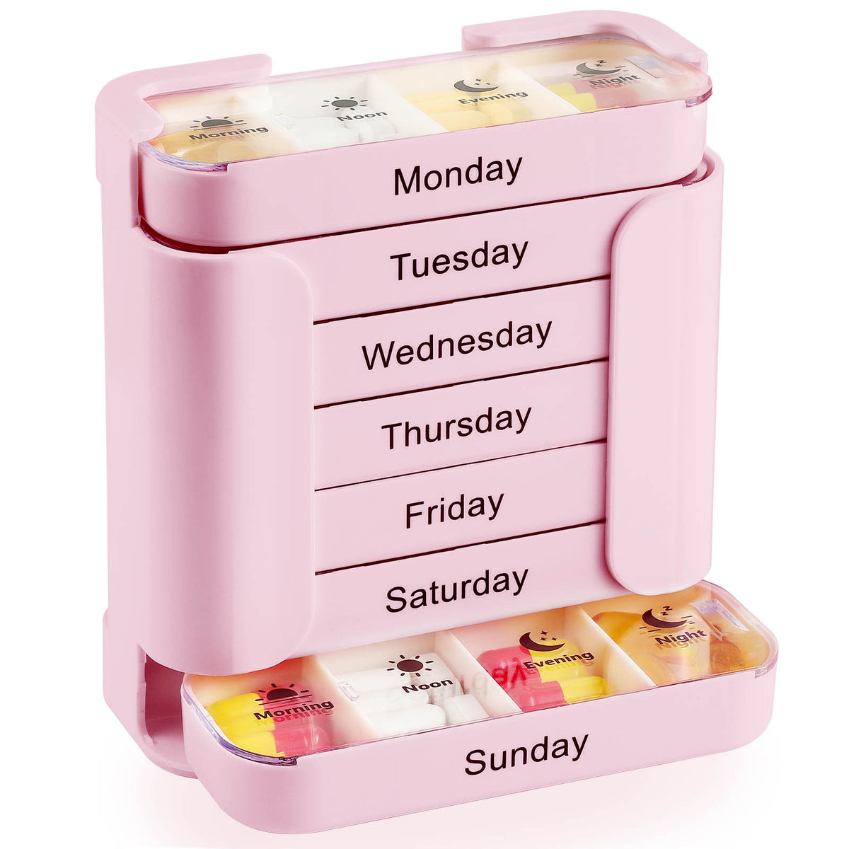 Weekly Pill Organiser Pink Tower - 7 Day Medicine Storage Box with 4 Daily Compartments (Morning, Noon, Evening, Night) - Portable Slide-Out Trays for Vitamins &amp; Supplements