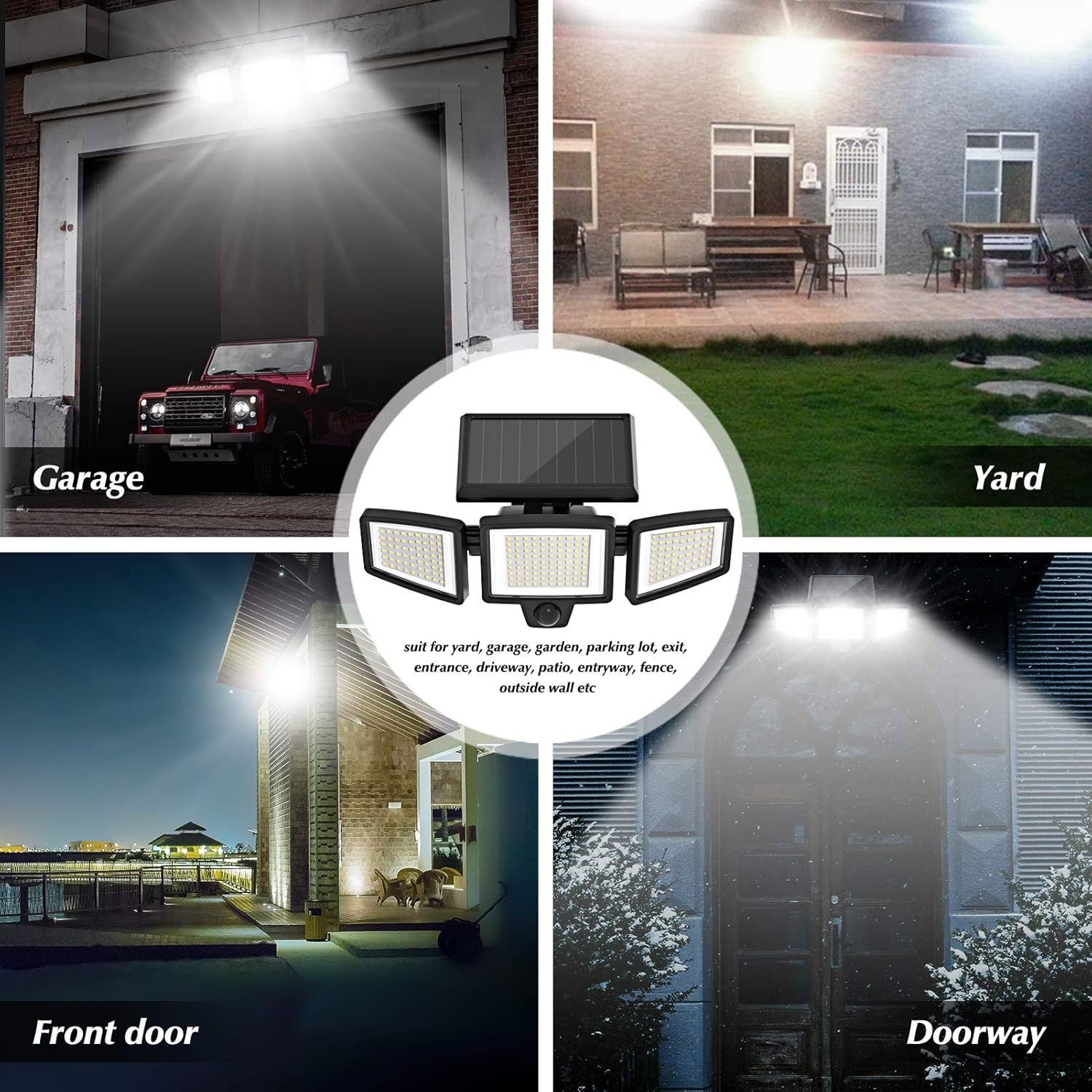 Solar Outdoor Security Lights Motion Sensor 210 LED - 3 Adjustable Heads Flood Light with Remote Control IP65 Waterproof for Garden Garage & Yard