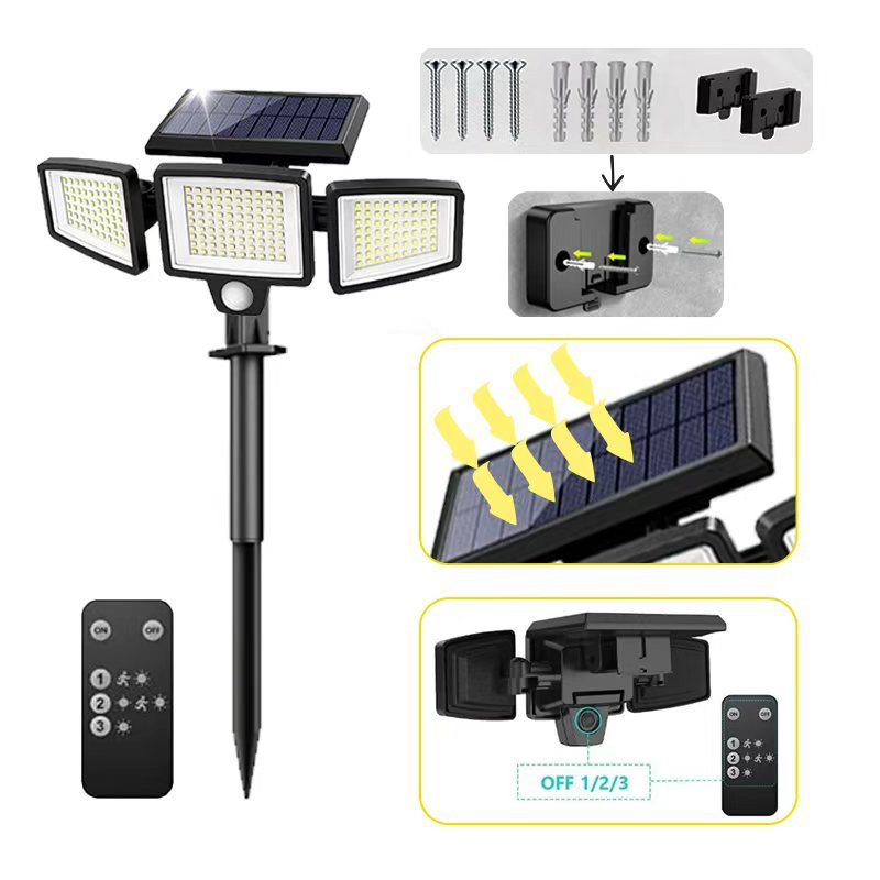 Solar Garden Lights Outdoor Motion Sensor 210 LED - 2-in-1 Ground Spike &amp; Wall Mount Flood Light with Remote IP65 Waterproof for Pathway &amp; Yard