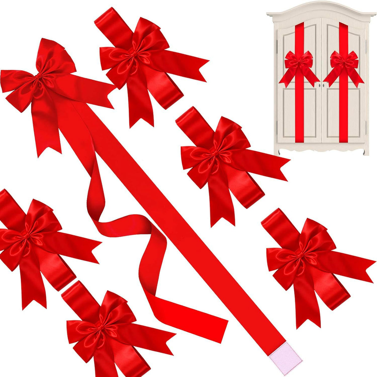 Red Satin Cabinet Door Bows 5 Pack - Large Pre-made Ribbon with Velcro Attachment for Kitchen Cupboards, Weddings, Gift Wrapping &amp; Party Decor - Adjustable Fit