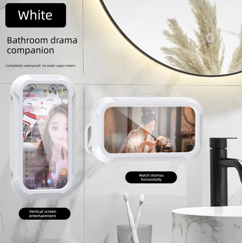Waterproof Shower Phone Holder White Wall Mount - 360° Rotating Retractable Anti-Fog Touch Screen Case for Bathroom &amp; Kitchen - Fits Phones up to 6.8 Inch