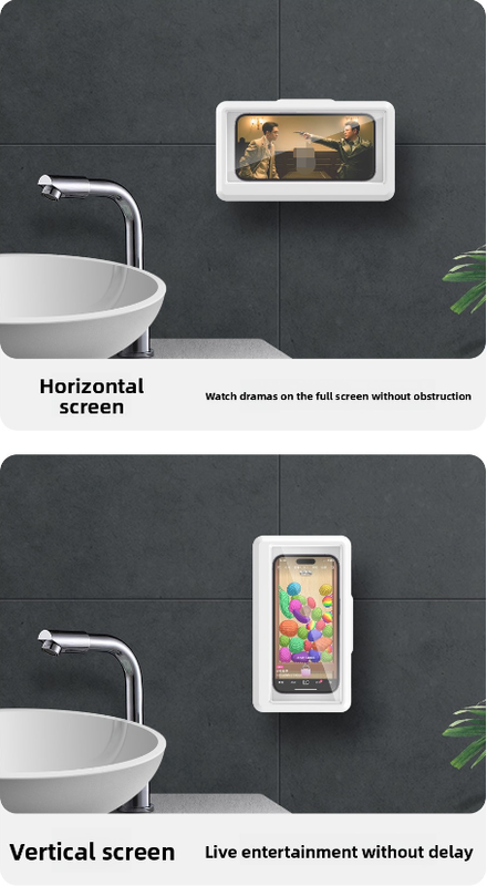 Waterproof Shower Phone Holder White Wall Mount - 360° Rotating Retractable Anti-Fog Touch Screen Case for Bathroom & Kitchen - Fits Phones up to 6.8 Inch