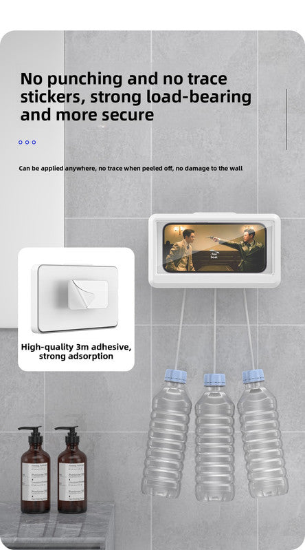 Waterproof Shower Phone Holder White Wall Mount - 360° Rotating Retractable Anti-Fog Touch Screen Case for Bathroom & Kitchen - Fits Phones up to 6.8 Inch