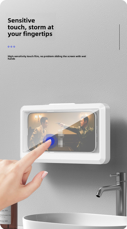 Waterproof Shower Phone Holder White Wall Mount - 360° Rotating Retractable Anti-Fog Touch Screen Case for Bathroom & Kitchen - Fits Phones up to 6.8 Inch