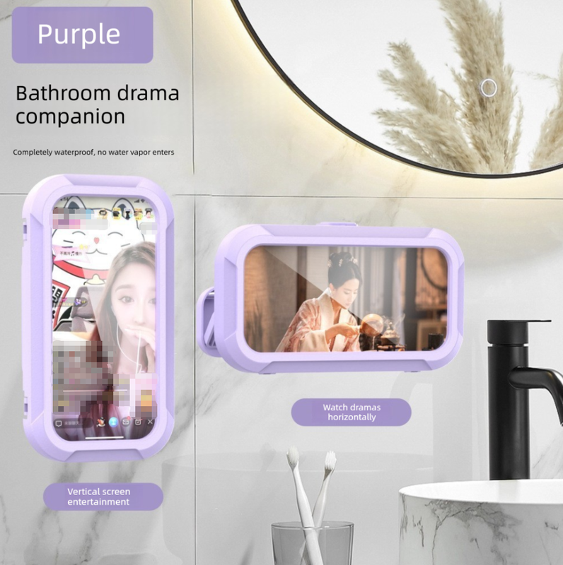 Waterproof Shower Phone Holder Purple Wall Mount - 360° Rotating Retractable Anti-Fog Touch Screen Case for Bathroom &amp; Kitchen - Fits Phones up to 6.8 Inch