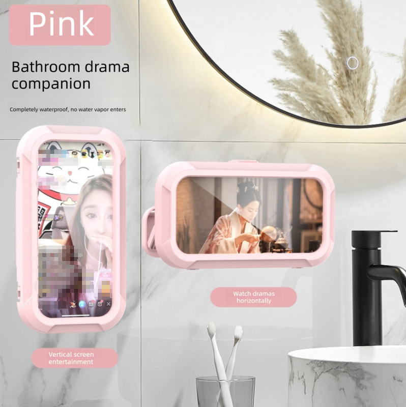 Waterproof Shower Phone Holder Pink Wall Mount - 360° Rotating Retractable Anti-Fog Touch Screen Case for Bathroom &amp; Kitchen - Fits Phones up to 6.8 Inch