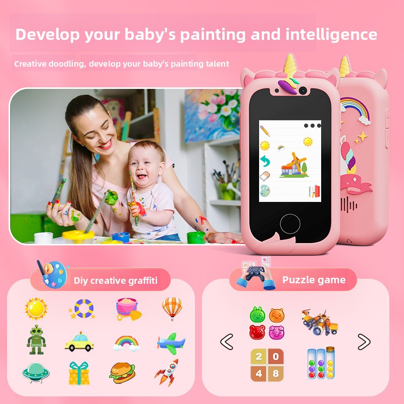 Kids Unicorn Smart Phone Toy with Dual Camera and IPS Touch Screen Educational Games MP3 Music Player 512MB Card Included Blue Silicone Case Ideal for Girls Gift
