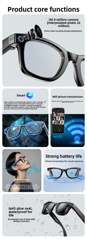 Black Smart AI Camera Sunglasses 8MP HD Video Sunglasses Supports Bluetooth Audio & WiFi Transmission - Hands-free recording with electronic image stabilization Ideal for vlogging, driving, and outdoor adventures