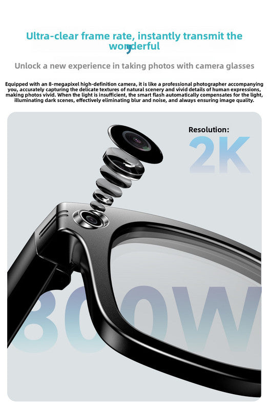 Black Smart AI Camera Sunglasses 8MP HD Video Sunglasses Supports Bluetooth Audio & WiFi Transmission - Hands-free recording with electronic image stabilization Ideal for vlogging, driving, and outdoor adventures