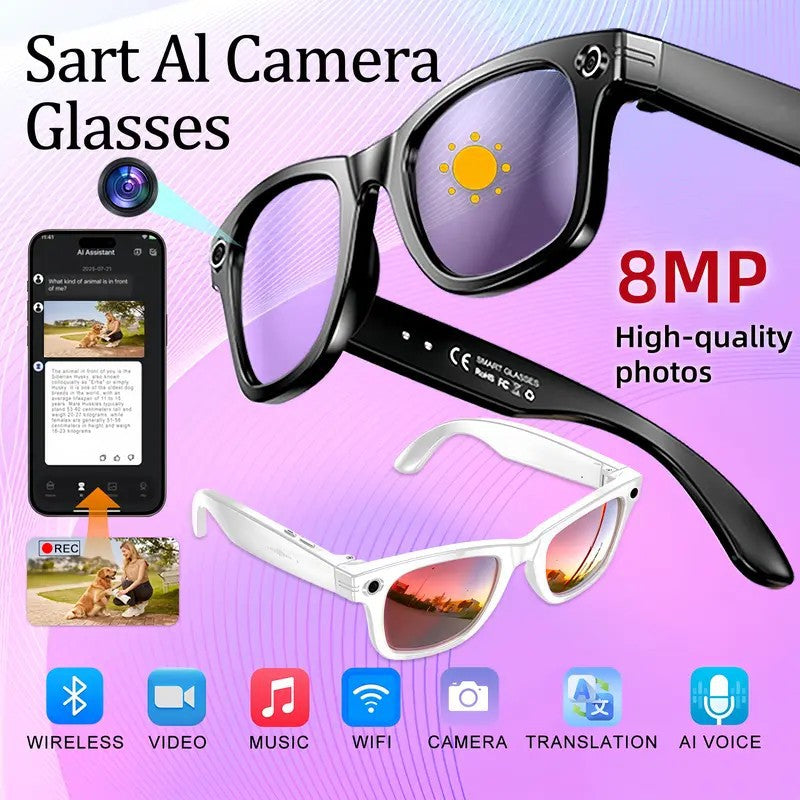 Smart AI Camera Glasses White Frame with Red Mirror Lenses - 8MP HD Video Recording with EIS Stabilization - Bluetooth Audio, WiFi Transfer & AI Voice Control - Stylish Eyewear for Sports & Travel