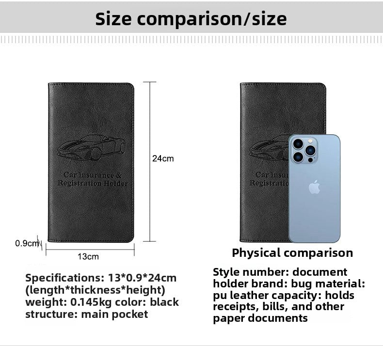 Car Registration and Insurance Holder - Premium PU Leather Vehicle Document Wallet - Slim Glove Box Organiser for Rego Papers, Logbook & ID Cards - Black