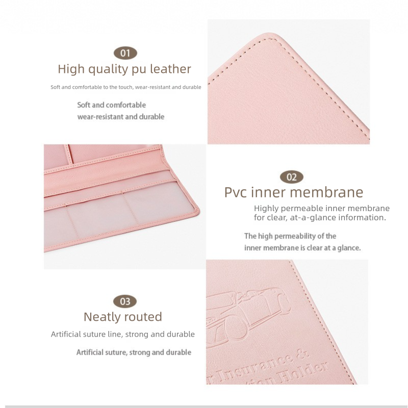 Car Registration and Insurance Holder - Premium PU Leather Vehicle Document Wallet - Slim Glove Box Organiser for Rego Papers, Logbook & ID Cards - Pink