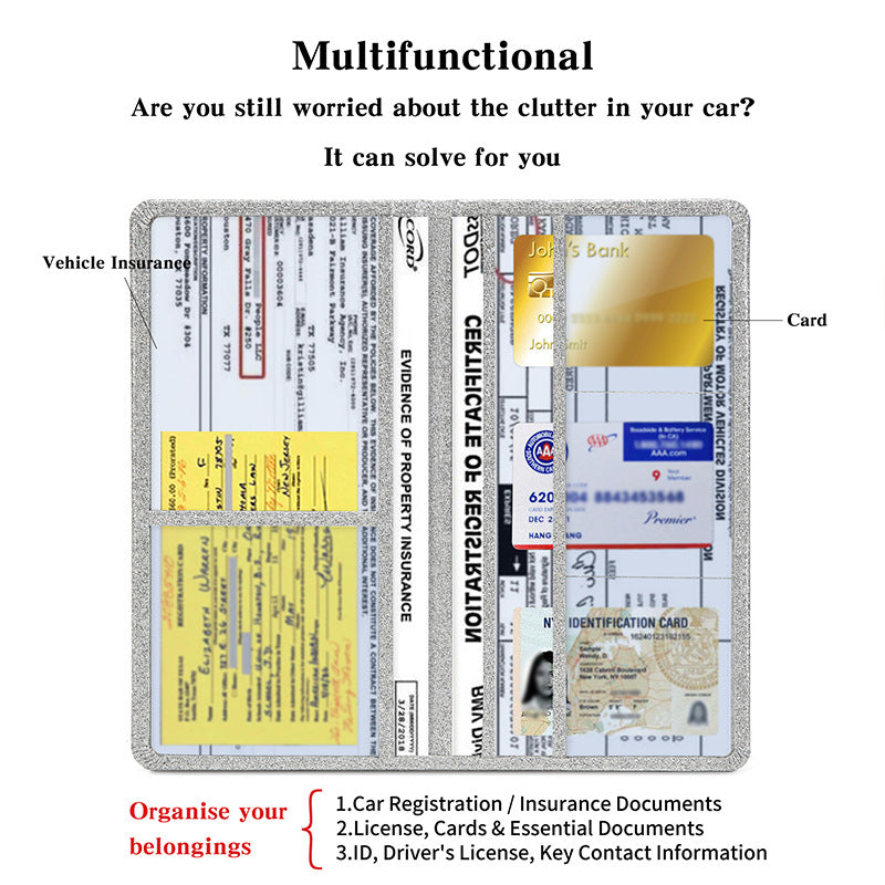 Car Registration and Insurance Holder Silver Glitter - Bling Vehicle Document Wallet - Slim Glove Box Organiser for Rego Papers & Travel IDs - Sparkle PU Leather Case