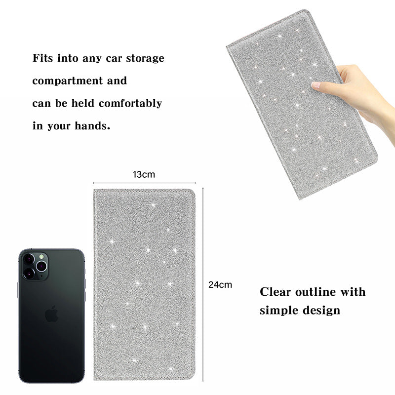 Car Registration and Insurance Holder Silver Glitter - Bling Vehicle Document Wallet - Slim Glove Box Organiser for Rego Papers & Travel IDs - Sparkle PU Leather Case