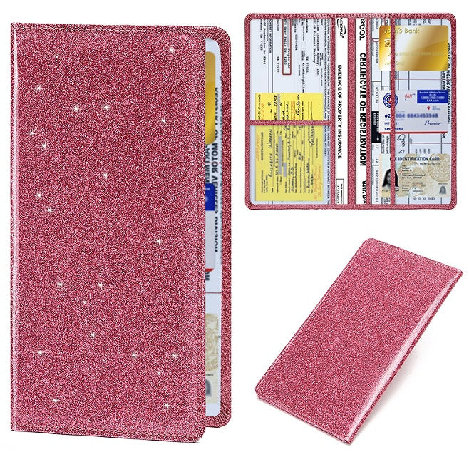 Car Registration and Insurance Holder Rose Red Glitter - Bling Vehicle Document Wallet - Slim Glove Box Organiser for Rego Papers, Logbook &amp; ID Cards - Sparkle Pink PU Leather