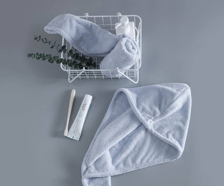 Soft Microfibre Hair Drying Towel Wrap - Super Absorbent Coral Fleece Turban with Secure Button - Quick Dry Bath Head Cap for Wet Hair &amp; Spa - Light blue