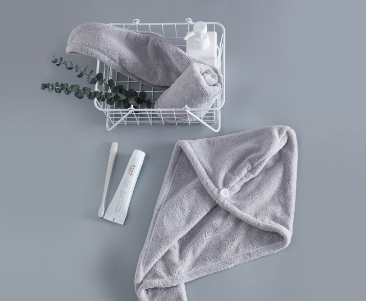 Soft Microfibre Hair Drying Towel Wrap - Super Absorbent Coral Fleece Turban with Secure Button - Quick Dry Bath Head Cap for Wet Hair &amp; Spa - Light gray